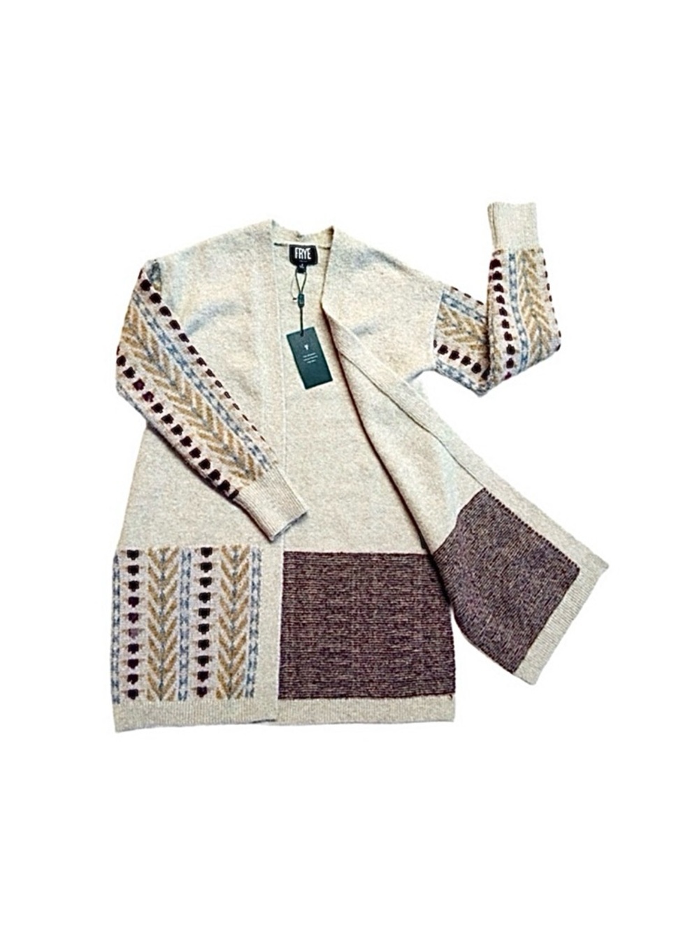FRYE ~ Women's Mid-Length Cardigan in Cream, Brown and Light Blue Hues size S